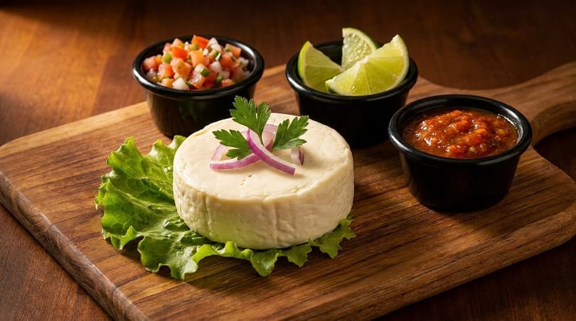 Round white cheese with red onion and parsley, served with pico de gallo, lime, and salsa.