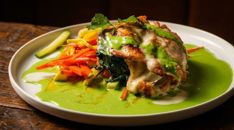 Grilled chicken breast with melted cheese, green sauce, and a side of colorful julienned vegetables.